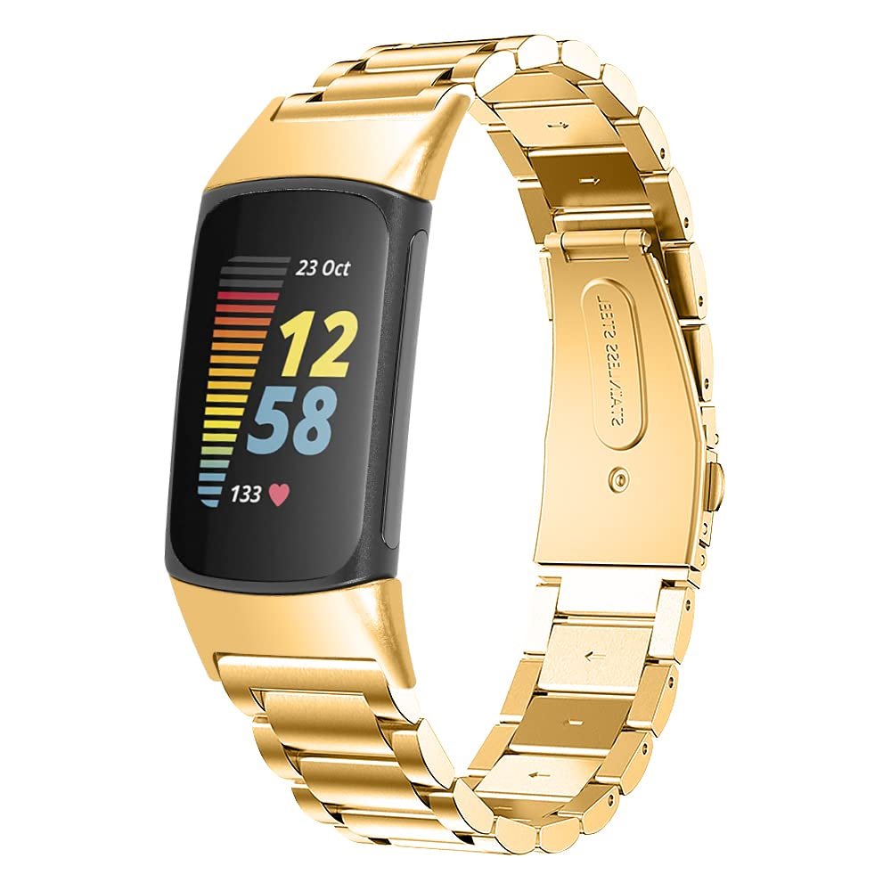 Bracelet Compatible with Fitbit Charge 5,KangPlus Metal Band Adjustable Stainless Steel Bracelet Replacement Strap with Link Remove Tool for Women Girl for Fitbit Charge 5- Gold