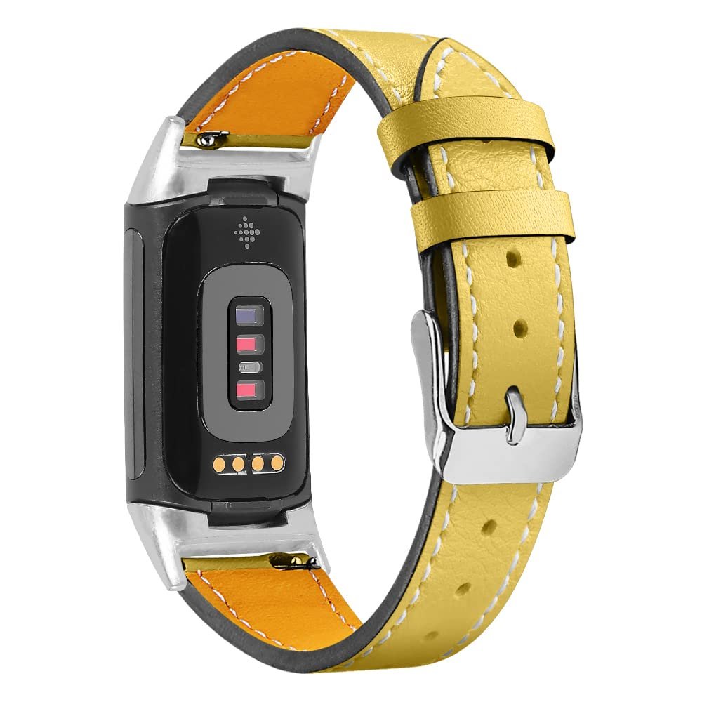 AISPORTS Leather Band Compatible with Fitbit Charge 5 Band for Women Men, Soft Breathable Leather Sport Wristband Metal Classic Buckle Bracelet Replacement Band for Fitbit Charge 5 Activity Tracker
