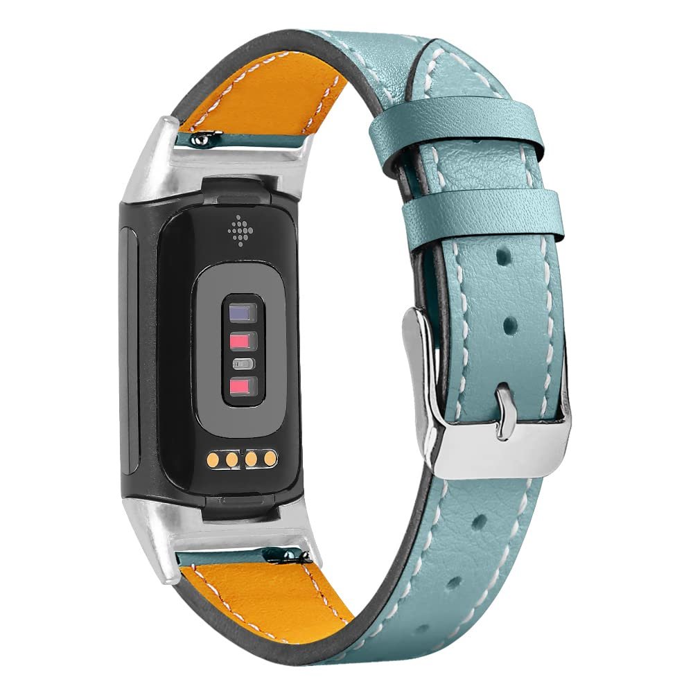 AISPORTS Leather Band Compatible with Fitbit Charge 5 Band for Women Men, Soft Breathable Leather Sport Wristband Metal Classic Buckle Bracelet Replacement Band for Fitbit Charge 5 Activity Tracker