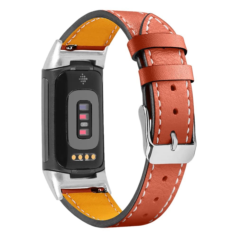 AISPORTS Leather Band Compatible with Fitbit Charge 5 Band for Women Men, Soft Breathable Leather Sport Wristband Metal Classic Buckle Bracelet Replacement Band for Fitbit Charge 5 Activity Tracker