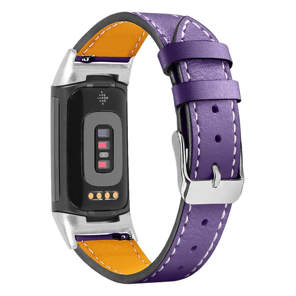 AISPORTS Leather Band Compatible with Fitbit Charge 5 Band for Women Men, Soft Breathable Leather Sport Wristband Metal Classic Buckle Bracelet Replacement Band for Fitbit Charge 5 Activity Tracker