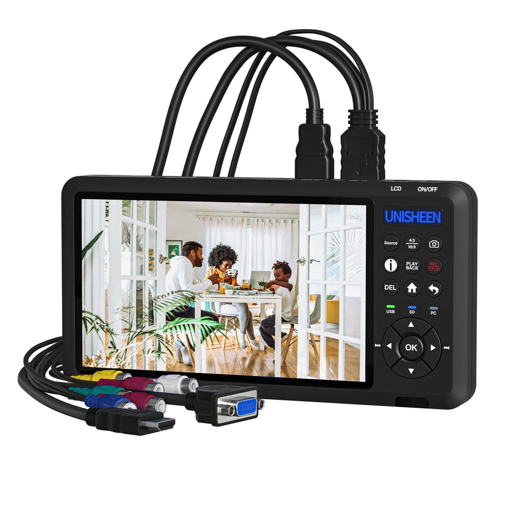 UNISHEEN Video Recorder 1080P 60FPS USB2.0 with 7" Screen, DVI/HDMI/CVBS/VGA/YPBPR Capture from VCR, DVD, VHS Tapes, Camcorders, Hi8 - No Computer Required