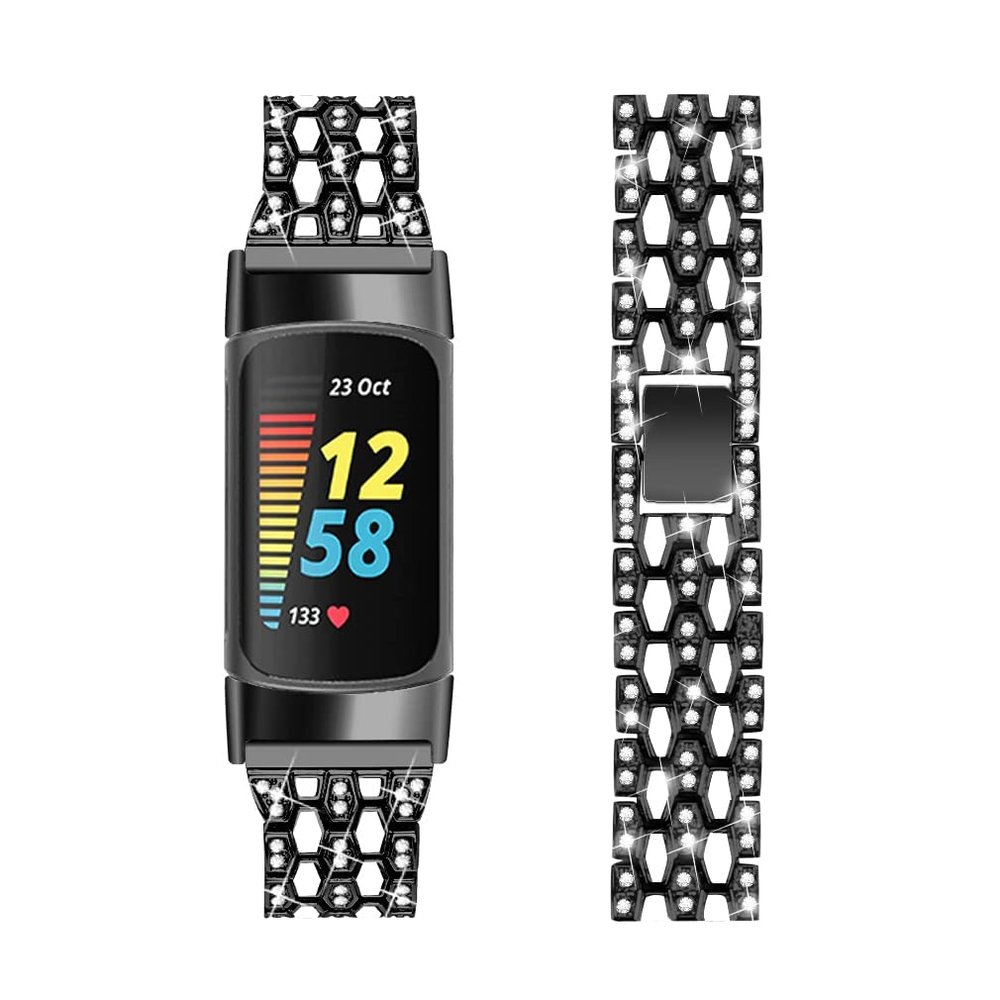 Bling Diamond Bracelet Compatible with Fitbit Charge 6/Charge 5,Bands Metal Classy Stainless Steel Wrist Bands Waterproof Strap for Fitbit Charge 5 Band (Black)