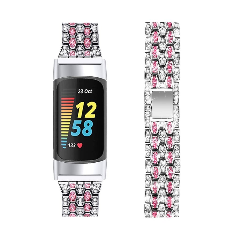 Bling Diamond Bracelet Compatible with Fitbit Charge 6/Charge 5,Bands Metal Classy Stainless Steel Wrist Bands Waterproof Strap for Fitbit Charge 5 Band (SilverPink)