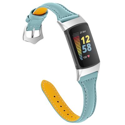 Gimuk Leather Strap Compatible with Fitbit Charge 5 Strap, Women Men Genuine Leather Sport Band Replacement Watch Strap Wristband Bracelet for Charge 5 Fitness Tracker (Blue)