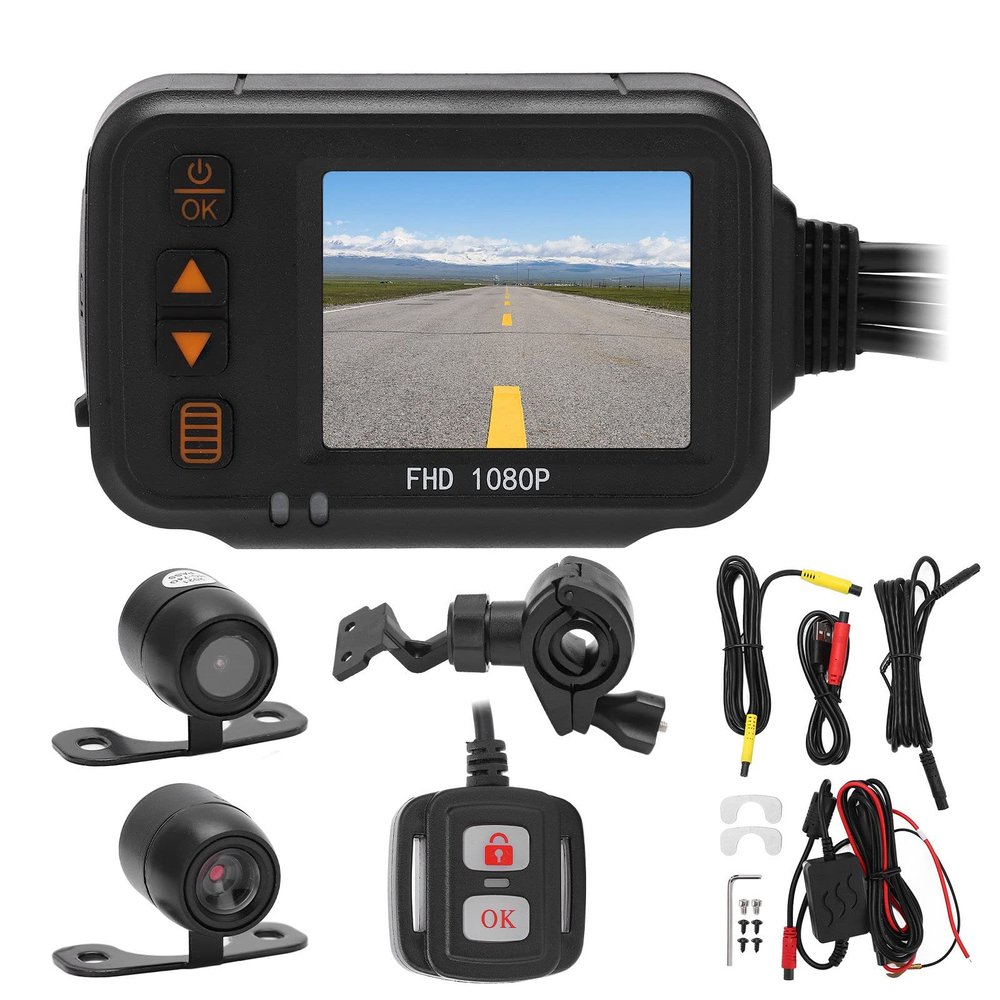 Keenso Motorcycle Driving Recorder, 2in Display Front Rear Dual Camera 1080P+720P Waterproof Multifunction Autocycle Accessories Portable GPS