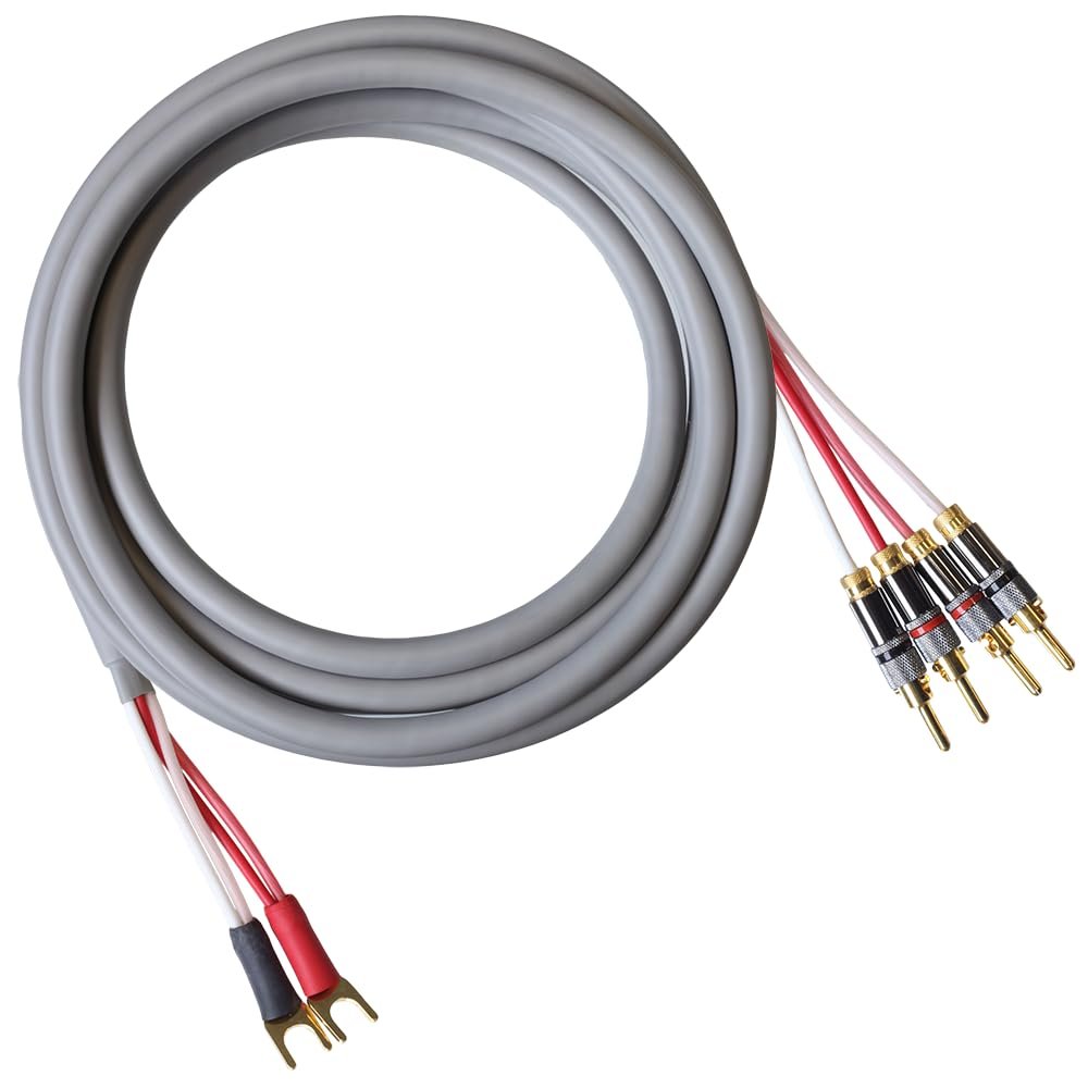 Blue Jeans Cable Canare 4S11 Speaker Cable, with Ultrasonically-Welded Bi-Wire Terminations (One Cable - for one Speaker); Assembled in The USA (4 Foot, Grey, Two Spades to Four Bananas)