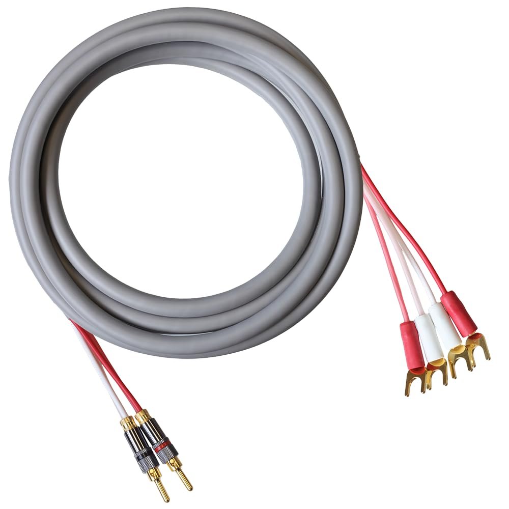 Blue Jeans Cable Canare 4S11 Speaker Cable, with Ultrasonically-Welded Bi-Wire Terminations (One Cable - for one Speaker); Assembled in The USA (12 Foot, Grey, Two Bananas to Four Spades)