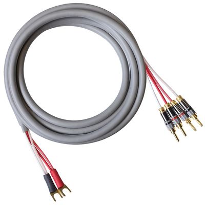 Blue Jeans Cable Canare 4S11 Speaker Cable, with Ultrasonically-Welded Bi-Wire Terminations (One Cable - for one Speaker); Assembled in The USA (50 Foot, Grey, Two Spades to Four Bananas)