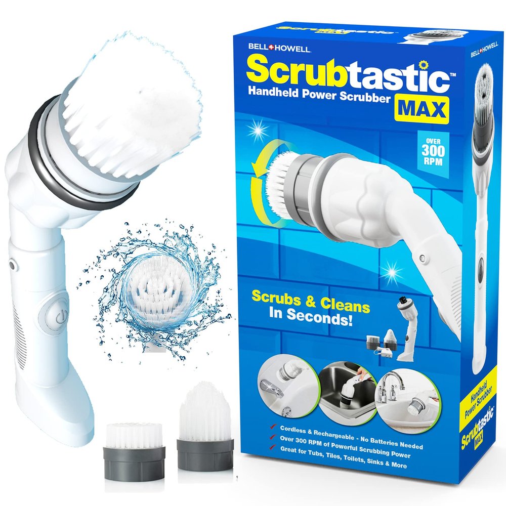 Scrubtastic Max Spin Scrubber Electric Shower Scrubber, Rechargeable, Multipurpose Tile Cleaner, Bathroom, Floor & Grout Bathtub Power Scrubber with 2 Brush Heads, Improved Scrubber