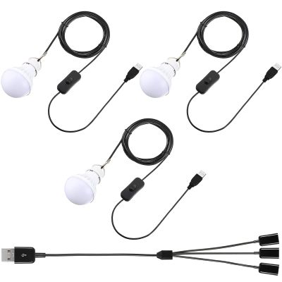 Tuanse 3pcs USB LED Light Bulbs Portable Camping Lights 5w with USB Splitter Cable 1 to 3, 8.2ft Extra Length Cord Tent Latern Outdoor Emergency Bulb for Garage Warehouse Truck Fishing Warm White