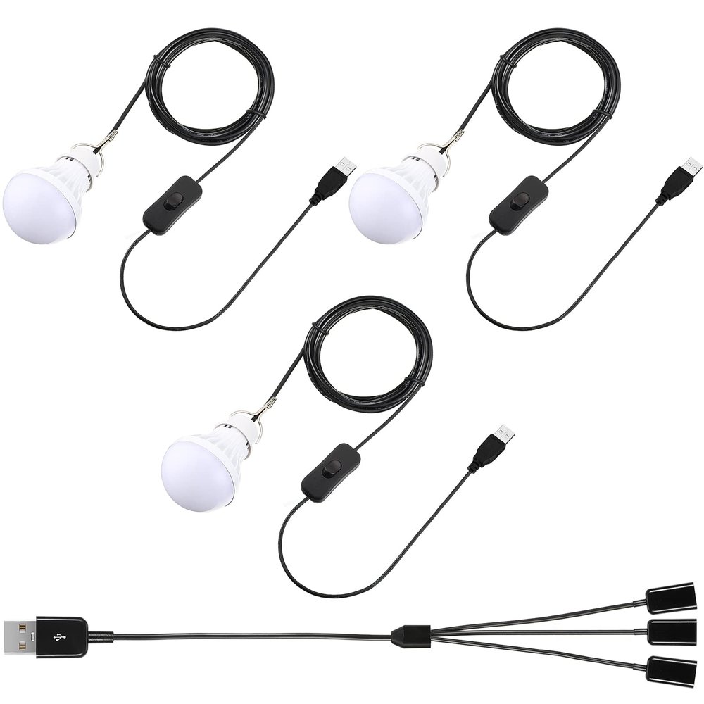 Tuanse 3pcs USB LED Light Bulbs Portable Camping Lights 5w with USB Splitter Cable 1 to 3, 8.2ft Extra Length Cord Tent Latern Outdoor Emergency Bulb for Garage Warehouse Truck Fishing Warm White
