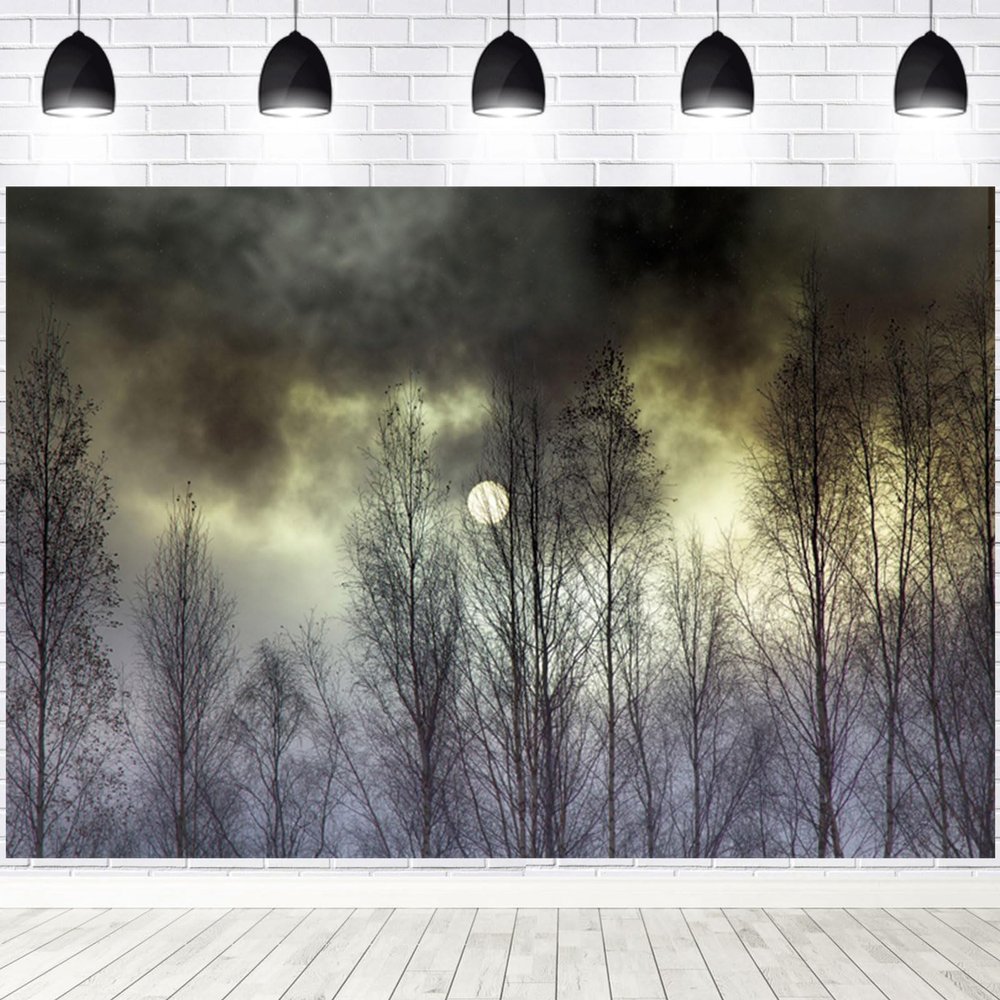 Yeele Halloween Backdrops Black Night Scary Cloud Full Moon Wild Forest Vinyl Photography Background Halloween Photo Backdrop Gothic Gloomy Party Decoration Wallpaper Shoot Props,5x3ft