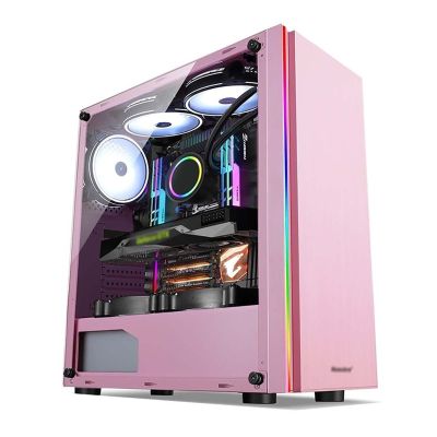 BBNB Gaming Case, Mid - Tower PC Gaming Case ATX/M-ATX/ITX - Front I/O USB 3.0 Port - Acrylic Glass Side Panel - LED Strip - Water-Cooling Ready (Color : Pink)