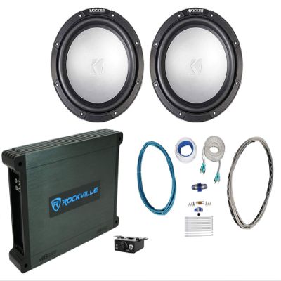 KICKER (2) 45KMF104 10" 350w Free-Air Marine Boat Subwoofers Bundle with Rockville DBM12 2000w Marine/Boat Mono Amplifier w/Covers+Bass Remote & Rockville RMWK4 Amplifier Install Wire Kit (3 Items)