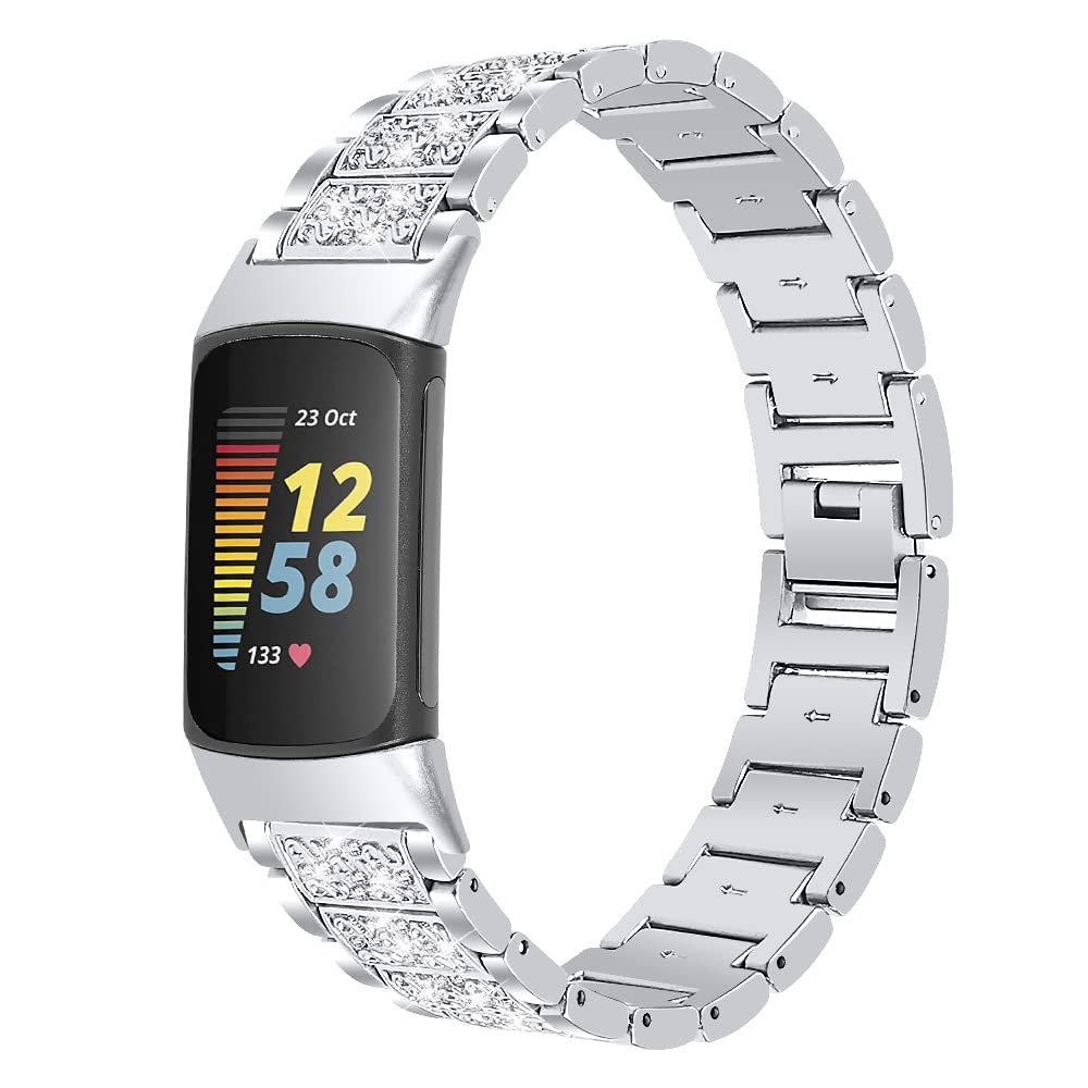 Bands Compatible with Charge 5,KangPlus Women Men Metal Bands Stainless Steel Watch Bands Adjustable 5.5-8.1 inch with Link Remove Tool Compatible with Fitbit Charge 5 - Silver