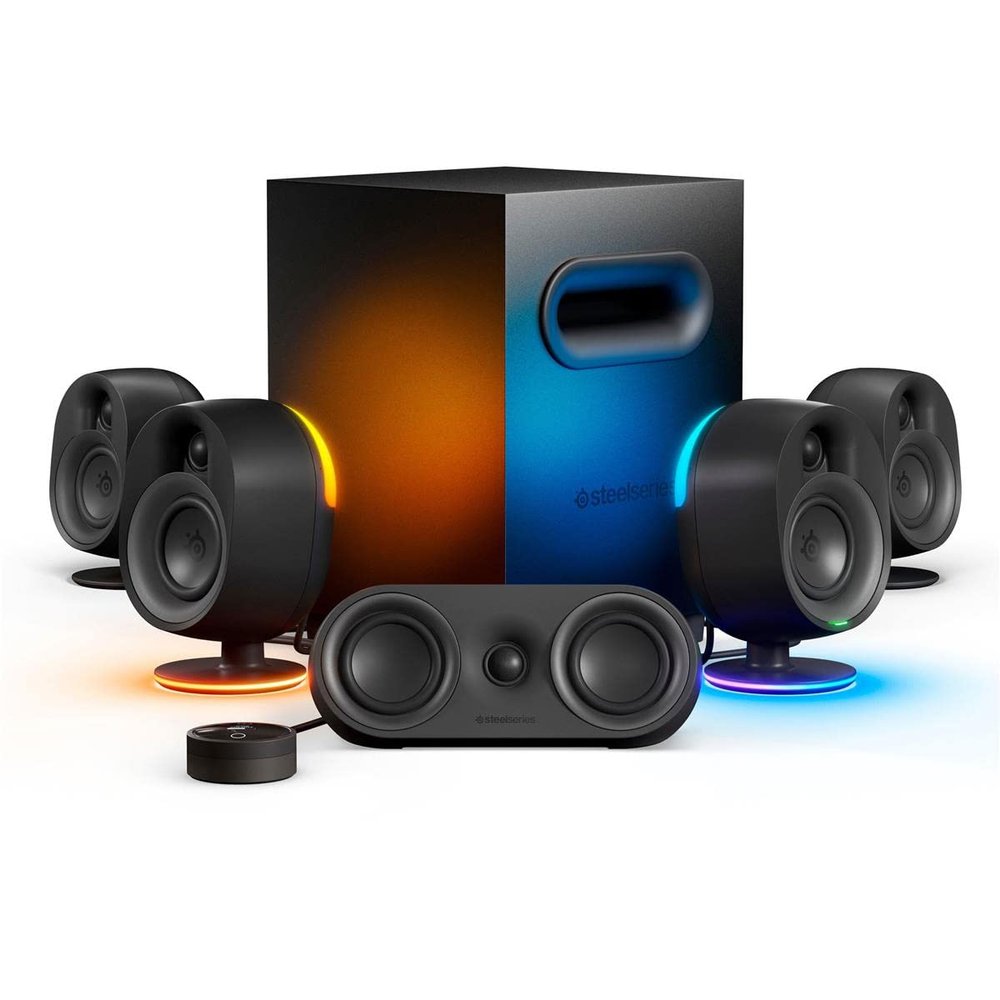 SteelSeries Arena 9 Illuminated 5.1 Desktop Gaming Speakers 5.1 USB Surround Sound Wireless Rear Speakers 2-Way Speaker Design Subwoofer RGB Light, Bluetooth PC, PlayStation, Mobile, Mac