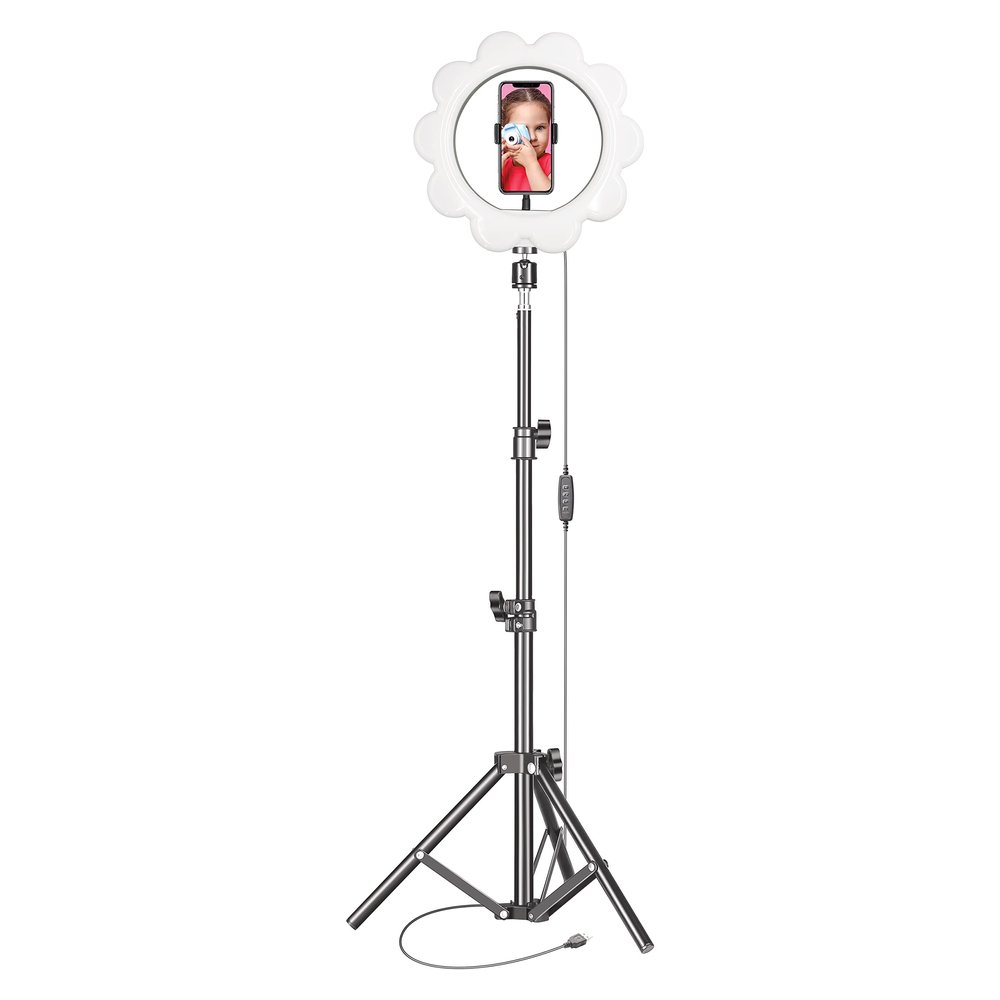 Supersonic SC-2610SRF12-inch Flower Shaped Selfie Ring Light, 3 Color Lighting Modes, 10 Brightness Levels, 360 Rotatable Phone Holder, 6.5" Wide. USB Powered, in Line Controller