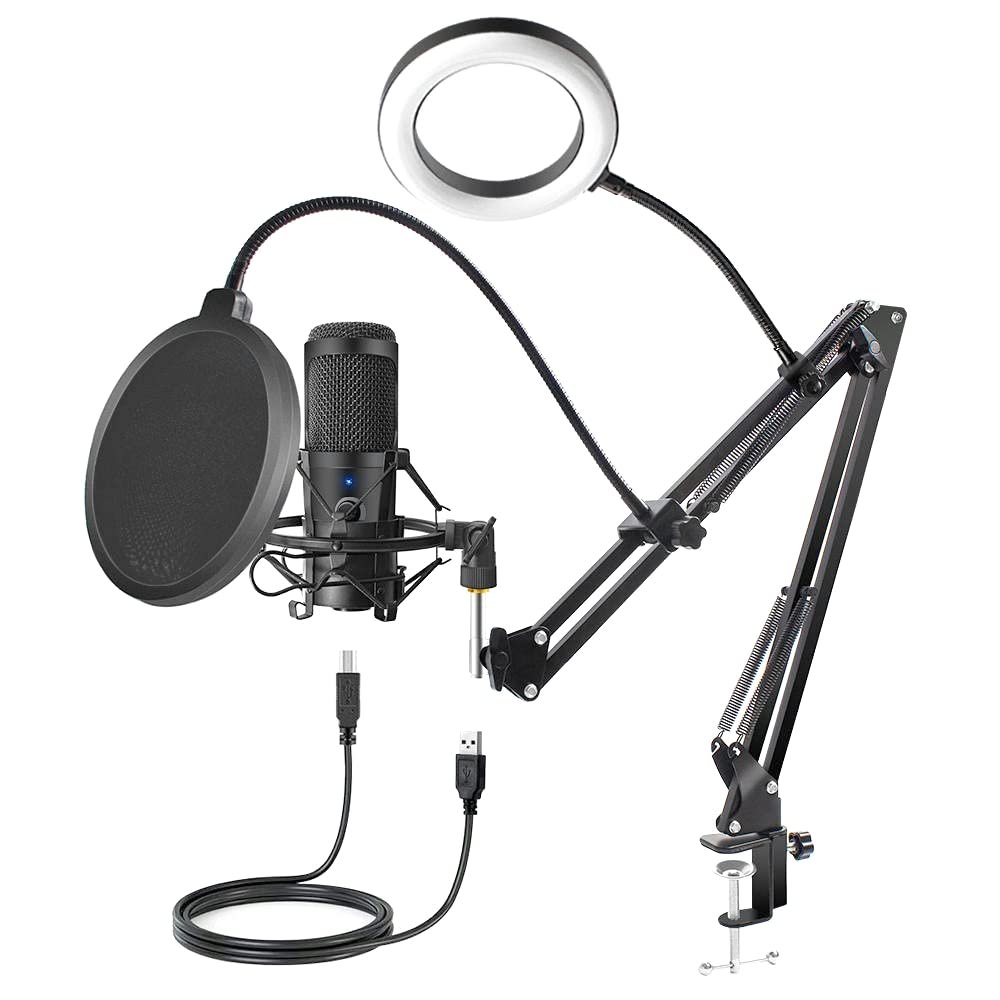 Avalanche Daddy USB Microphone Condenser D80 Recording Microphone with Stand and Ring Light for PC Karaoke Streaming Podcasting