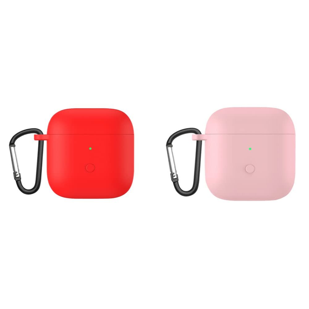 2 Pack DAYJOY Soft Silicone Protective Case Cover Compatible with Redmi Buds 3 Earphone, Protective Skin Sleeve with Key Chain(red+Pink)