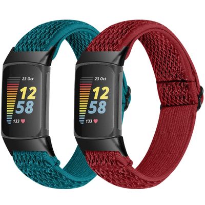 Watch Bands Compatible with Fitbit Charge 5 for Women Men, Adjustable Elastic Stretchy Nylon Replacement Bands Strap Wristbands Bracelet Accessory Band for Fitbit Charge 5 (Navy Red)
