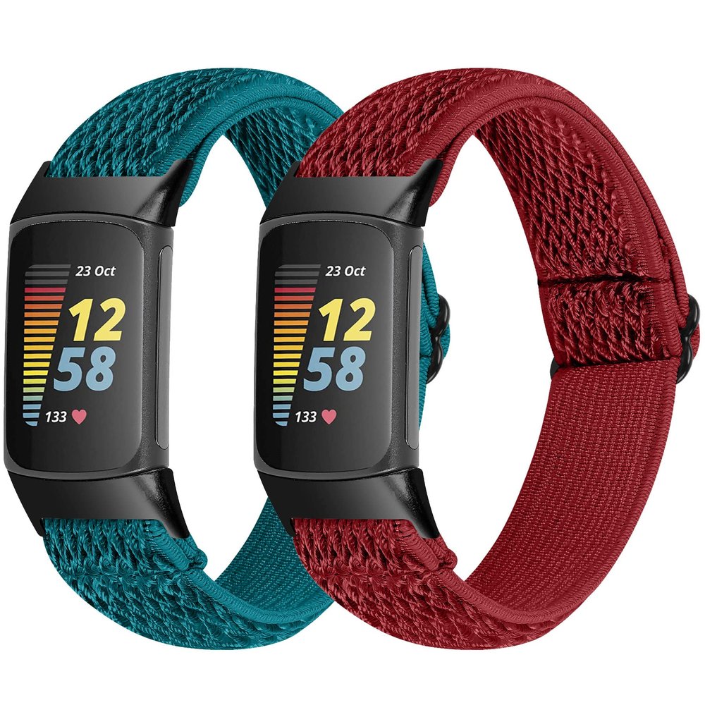 Watch Bands Compatible with Fitbit Charge 5 for Women Men, Adjustable Elastic Stretchy Nylon Replacement Bands Strap Wristbands Bracelet Accessory Band for Fitbit Charge 5 (Navy Red)