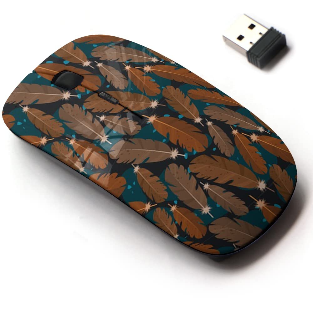 2.4G Wireless Mouse with Cute Pattern Design for All Laptops and Desktops with Nano Receiver - Brown Feathers