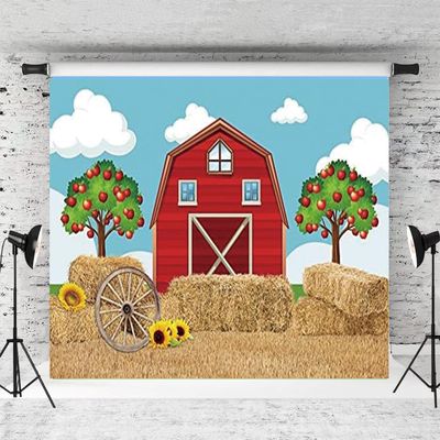 10x8FT Cartoon Red Farm Theme Backdrop Haystack Sunflower Apple Tree Backdrop Barn Background Photo Booth Props for Children Birthday Party Supplies