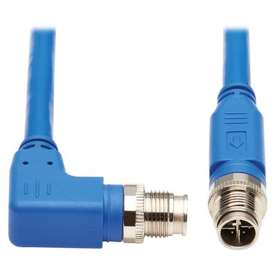 Tripp Lite M12 X-Code Cat6a Shielded Ethernet Cable, Right-Angle M12 Cable, 10G F/UTP CMR-LP (M/M), IP68, 60W Power Over Ethernet, Blue, 6.6 Feet / 2 Meters, (NM12-6A3-02M-BL)