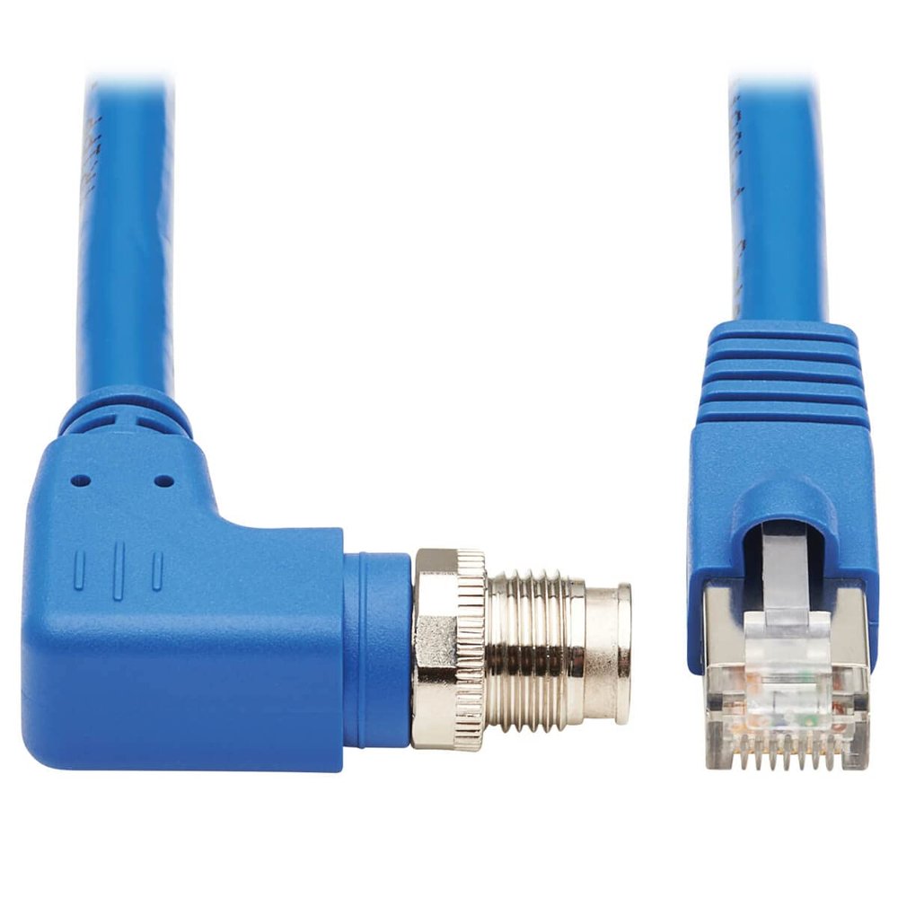 Tripp Lite M12 X-Code Cat6a Shielded Ethernet Cable, Right-Angle M12/RJ45 Cable, 10G F/UTP CMR-LP (M/M), IP68, 60W Power Over Ethernet, Blue, 16.4 Feet / 5 Meters, (NM12-6A4-05M-BL)