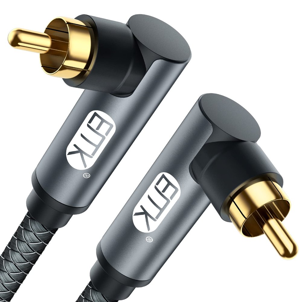 EMK Dual 90 Degree RCA Cable, Male to Male Subwoofer Cable Right Angle Digital Coaxial Cable Dual Shielded RCA Audio Cord with Gold Plated Connectors (1.5 Feet/0.5M, Dual 90 RCA Audio Cable, Grey1)