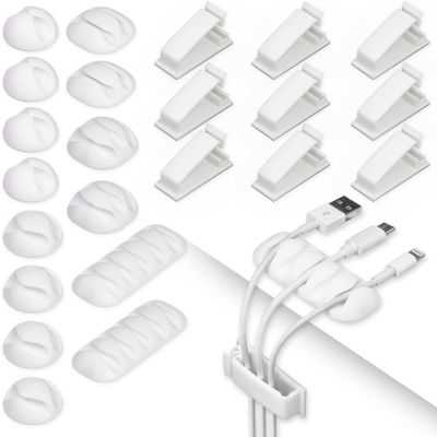 64 Pieces Cable Clips Kit Including 50Pcs Strong Self-Adhesive Organizer Clips and 14Pcs Desk Clips Set, Multipurpose Wire Management Clamps for Tablet Laptop Computer TV Home Office Car (White)