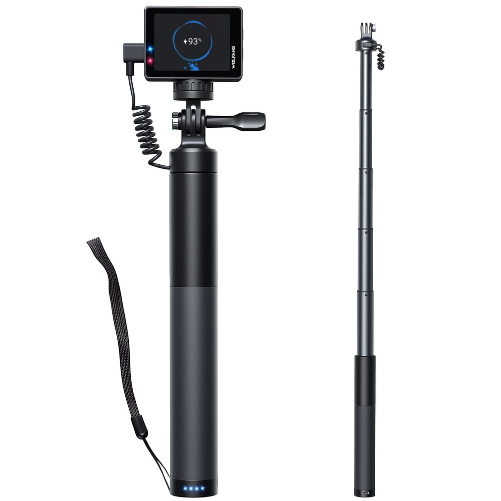 WOLFANG GB2200 Rechargeable Selfie Stick with 2600mAh Rechargeable Battery, Selfie Stick Black Rotation Action Camera, Compatible with Other Action Cameras and Travel(24-60CM)