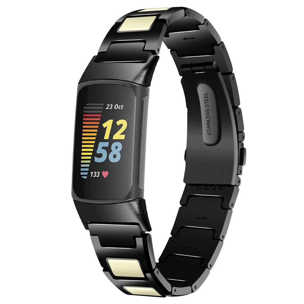 FitTurn Unique Design Colorful Bands Compatible with Fitbit Charge 6/Charge 5, Dressy Metal Bracelet Luxurious Stainless Steel Strap Replacement Wristband for Charge 6/Charge 5 Tracker (Black*White)