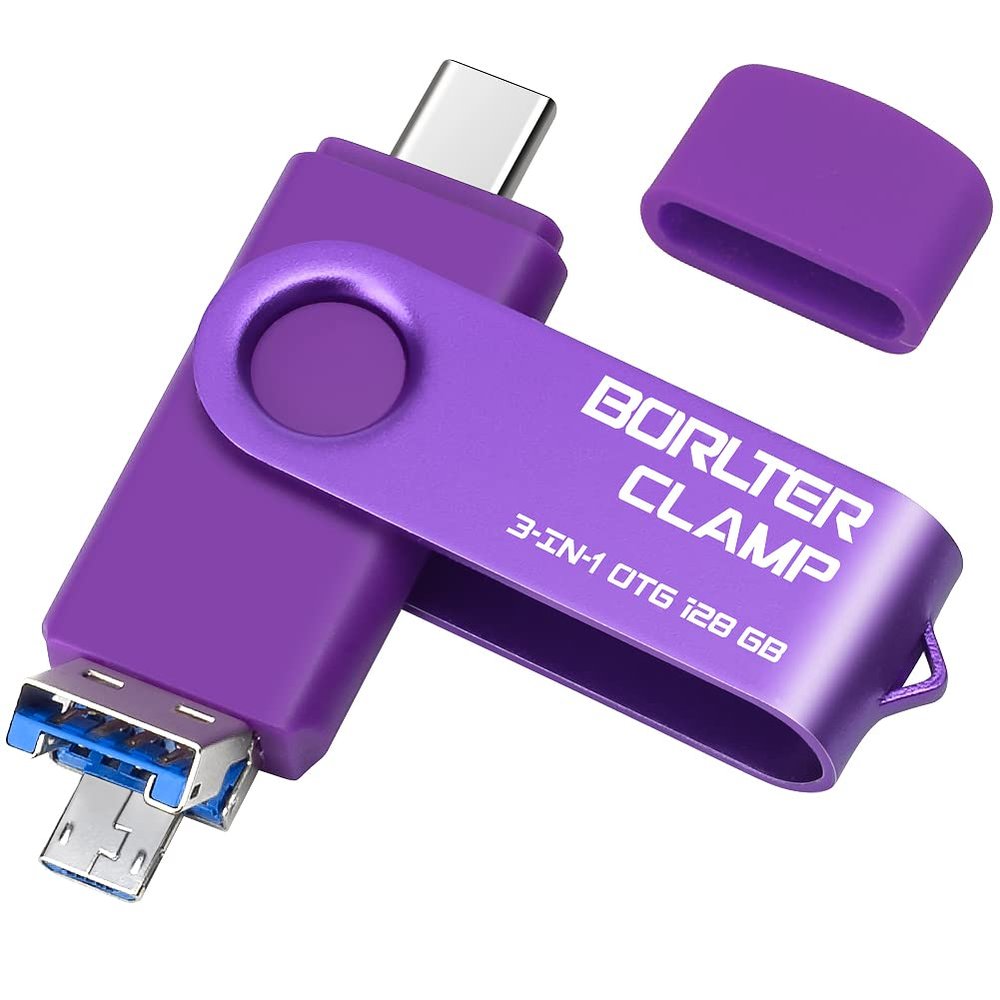 128GB 3 in 1 USB 3.0 Flash Drive Photo Stick for Android Phones, BorlterClamp OTG Memory Stick with 3 USB Ports (USB C, microUSB, USB A) for Samsung Galaxy, LG, Tablets, PC and More, Purple