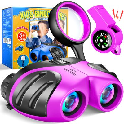 Binoculars for Kids,Gift Toys for 3-12 Years Old Boys,Shockproof 8X21 Compact Waterproof Binoculars for Sports and Outdoor Play,Camping Set for Kids with Magnifying Glass Whistle Compass(Purple)