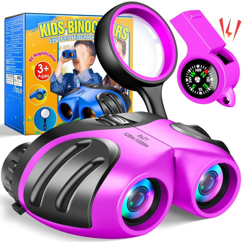 Binoculars for Kids,Gift Toys for 3-12 Years Old Boys,Shockproof 8X21 Compact Waterproof Binoculars for Sports and Outdoor Play,Camping Set for Kids with Magnifying Glass Whistle Compass(Purple)