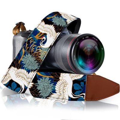 Art Tribute Camera Strap for All DSLR and Mirrorless Cameras. Universal Neck, Crossbody & Shoulder Strap, Blue Crane Gold Foil Vintage Floral Pattern, Gift for Men & Women Photographers
