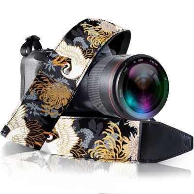 Art Tribute Camera Strap Vintage for All DSLR and Mirrorless Cameras - Neck & Shoulder Black Crane Gold Foil Camera Strap, Animal Pattern - Christmas Gift & Stocking Stuffer