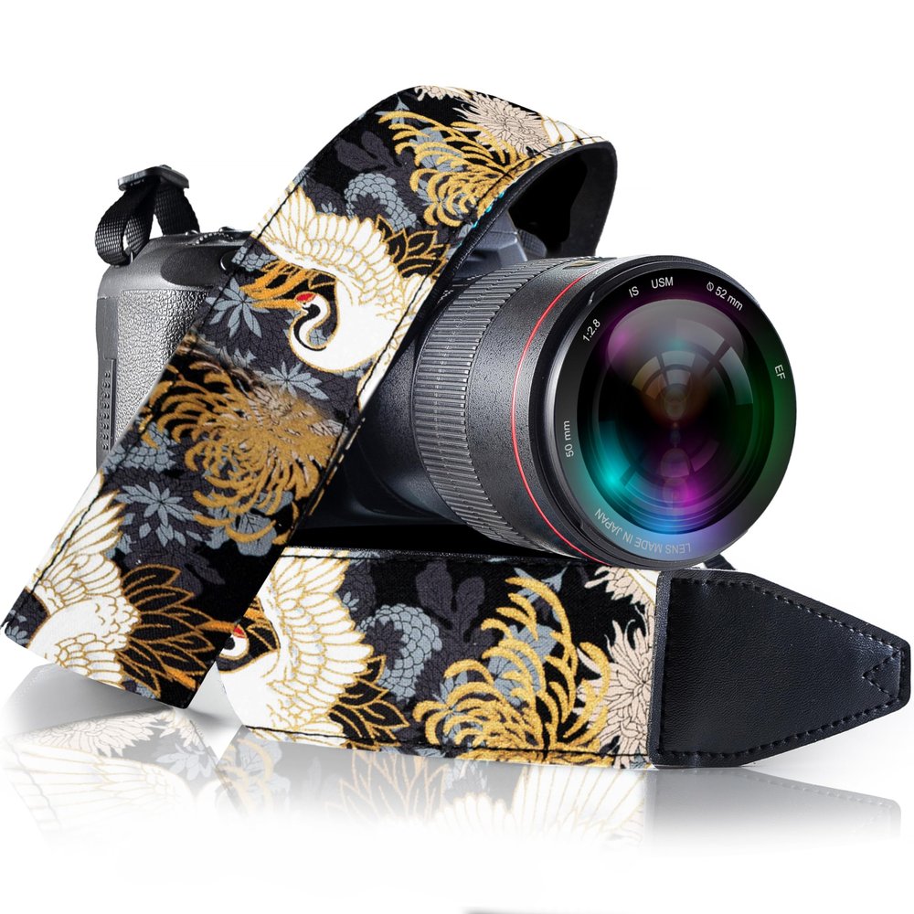 Art Tribute Camera Strap Vintage for All DSLR and Mirrorless Cameras - Neck & Shoulder Black Crane Gold Foil Camera Strap, Animal Pattern - Christmas Gift & Stocking Stuffer