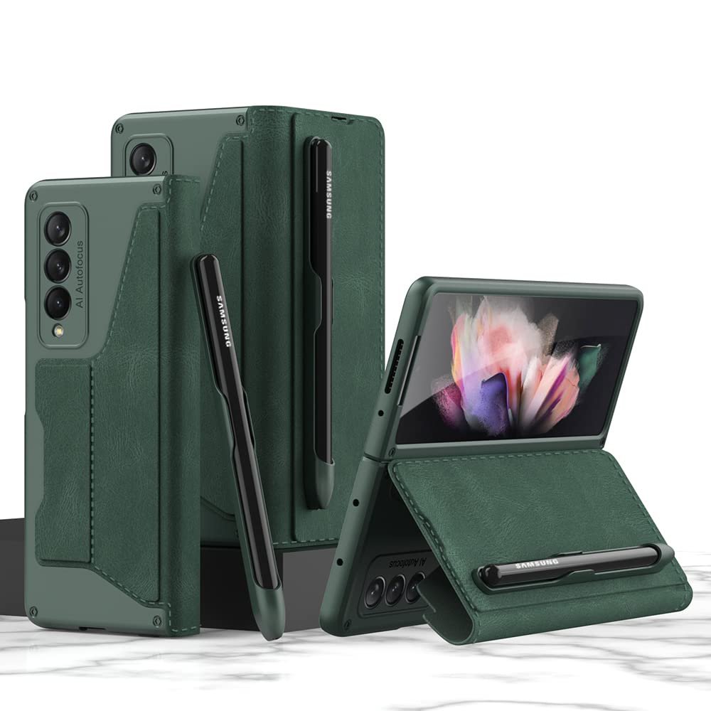 SHIEID Galaxy Z Fold 3 Case with S Pen Holder Genuine Leather Wallet Cover with Detachable Pen Slot, Card Holder, Kickstand, and Screen Protector for Samsung Z Fold 3 Phone Case, Green