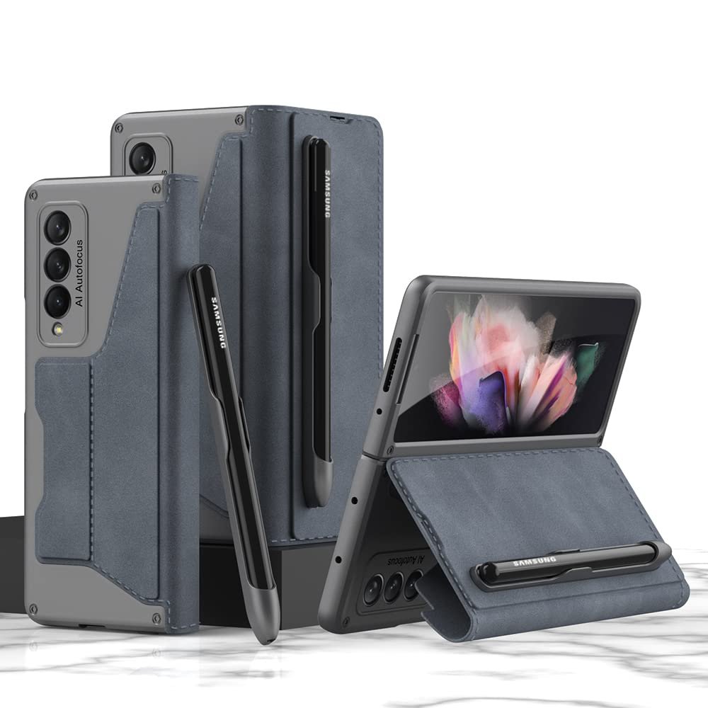 SHIEID Galaxy Z Fold 3 Case with S Pen Holder Genuine Leather Wallet Cover with Detachable Pen Slot, Card Holder, Kickstand, and Screen Protector for Samsung Z Fold 3 Phone Case, Gray