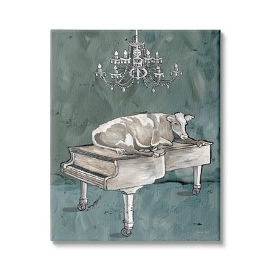 'Cow Resting on Piano Fancy Chandelier Green'| Canvas Art