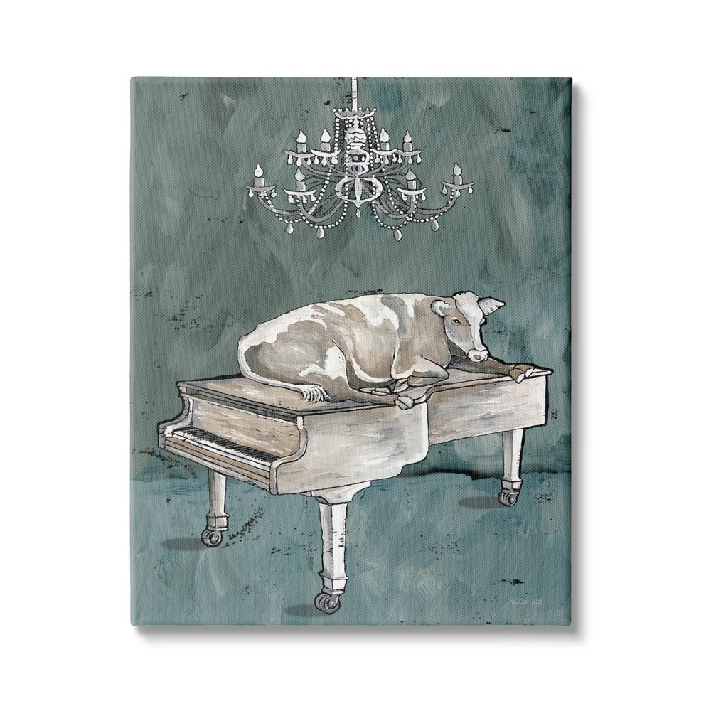 'Cow Resting on Piano Fancy Chandelier Green'| Canvas Art