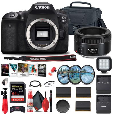 Canon EOS 90D DSLR Camera (Body Only) (3616C002) + Canon EF 50mm Lens + 64GB Card + Case + Filter Kit + Corel Photo Software + 2 x LPE6 Battery + Charger + Card Reader + More (Renewed)