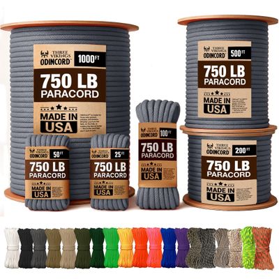 Three Vikings Paracord Rope - Made in USA - 750lb - 100% Nylon - Type IV - 11 Strand Core - Stronger Then Paracord 550 Cord - Charcoal Grey - 50 Ft.
