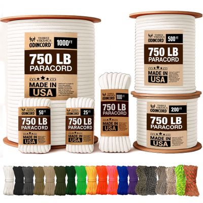 Three Vikings Paracord Rope - Made in USA - 750lb - 100% Nylon - Type IV - 11 Strand Core - Stronger Then Paracord 550 Cord - White - 200 Ft.
