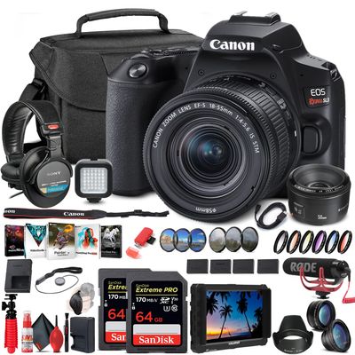 Canon EOS Rebel SL3 DSLR Camera with 18-55mm Lens (Black) (3453C002) + 4K Monitor + Canon EF 50mm Lens + Mic + Pro Headphones + 2 x 64GB Card + Color Filter Kit + Case + Filter Kit + More (Renewed)