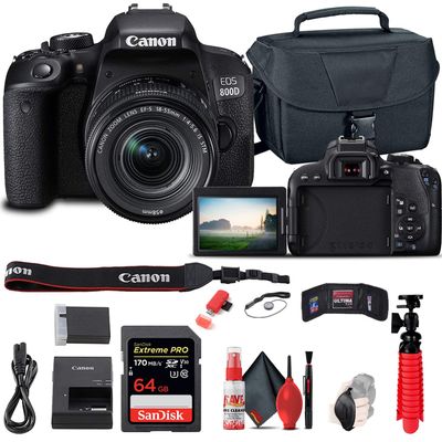 Canon EOS Rebel 800D / T7i DSLR Camera with 18-55 4-5.6 is STM Lens 1895C002 + 64GB Memory Card + Case + Card Reader + Flex Tripod + Hand Strap + Cap Keeper + Memory Wallet