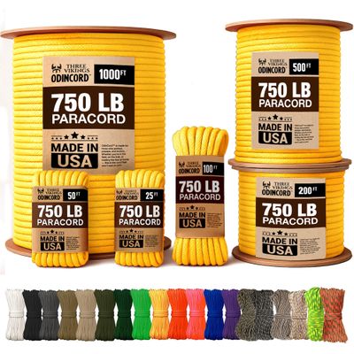 Three Vikings Paracord Rope - Made in USA - 750lb - 100% Nylon - Type IV - 11 Strand Core - Stronger Then Paracord 550 Cord - Yellow - 50 Ft.